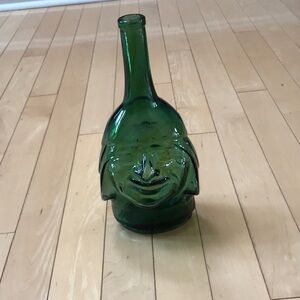 Vintage Ranuzzi green glass liquor bottle- empty- Inca Man Head